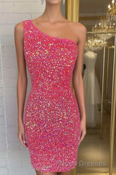 Pink Sequin One Shoulder Cutout Homecoming Dress Gala Dress Short